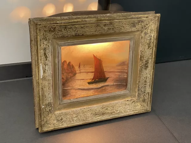 Tableau Ancien Lampe Relief Celluloid Diorama Bateau Voilier Signé RUCCIERI