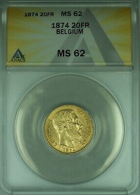 1874 Belgium 20 Francs Gold Coin ANACS MS-62