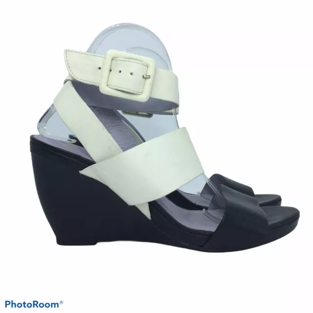 JOHNSTON & MURPHY Wedge Heel Sandal Womens 10M Open Toe Black & White Leather