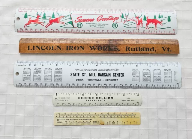 Measuring Rulers 6" & 12" Lot (5) Vintage Metal & Wood from NY & VT Advertising