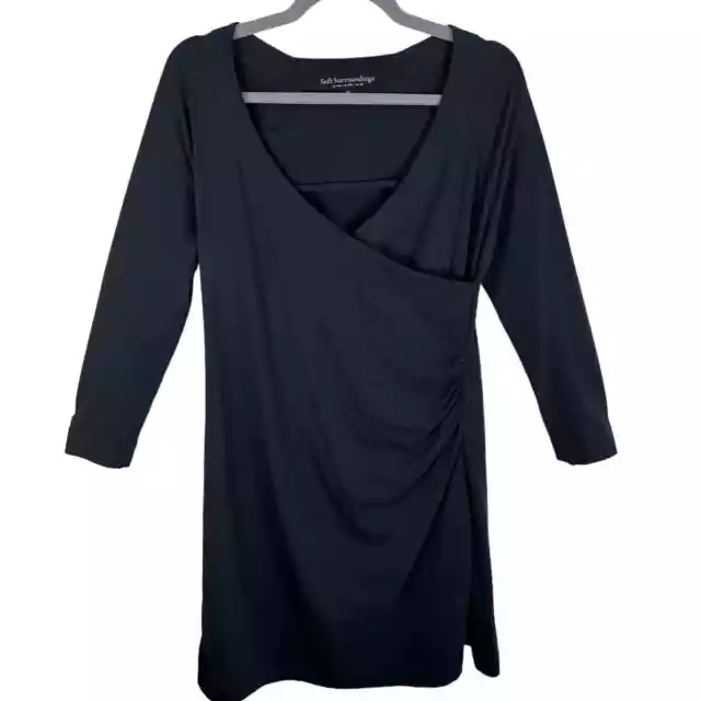 Soft Surroundings Black 3/4 Sleeve Jersey Knit Faux Wrap Dress Size Petite M