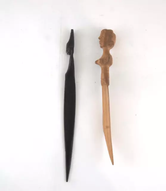 VTG Lot of 2 Brown Hand Carved Wood African Tribe People Wooden Letter Openers