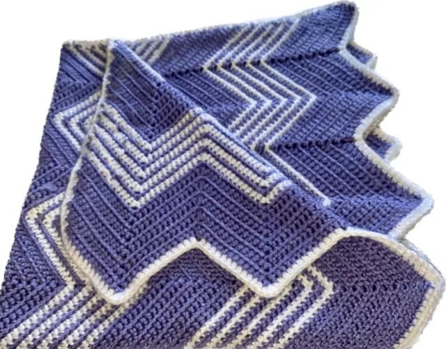 Vtg Hand Crocheted Blanket Afghan 30”x30” Chevron Zig Zag White And And Purple