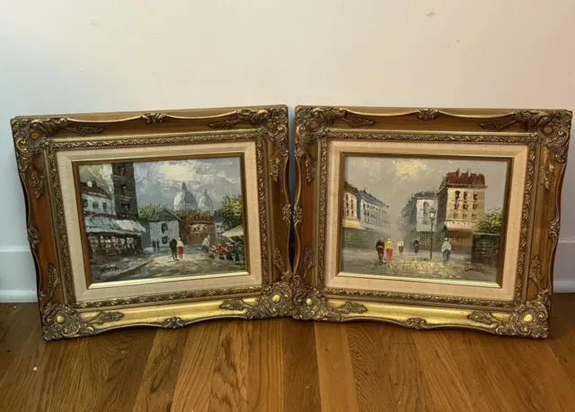 Caroline Burnett  Signed Pair of Oil Paintings Paris City Streets Ornate Frames