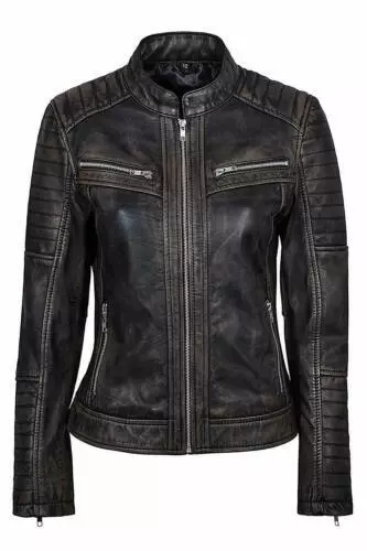 New Women Cafe Racer Moto Biker Distressed Black Vintage Real Leather Jacket