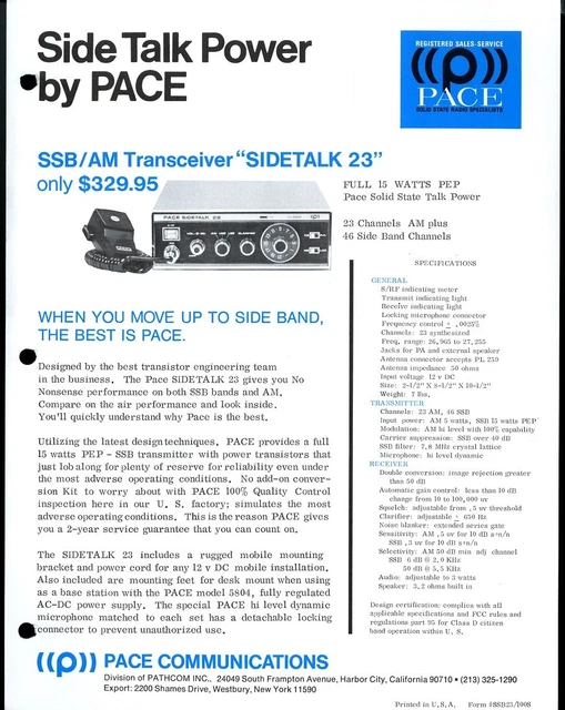 VINTAGE PACE CITIZEN Band Radio Systems Sidetalk Print Ad Sales Spec