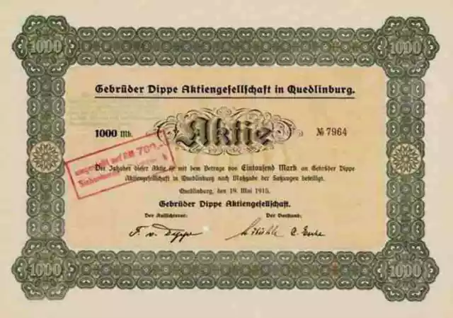 Gebrüder DIPPE AG Quedlinburg  Dessau 1915 Zuckerfabrik 1000 Mark Hildesheim