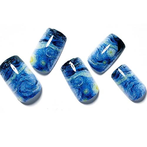 Press on Nails Medium Short Square GLAMERMAID Blue Blooming Fake Nails with D...