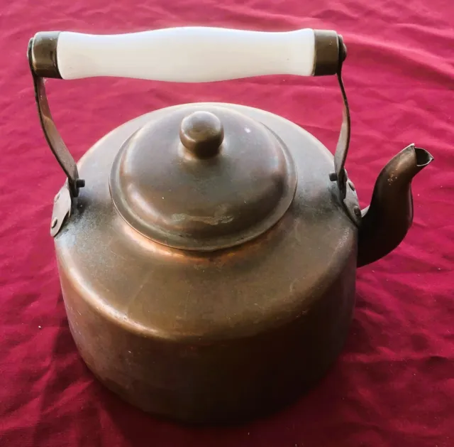 Antique Large Primitive Copper Tea Kettle Pot Porcelain Handle Stove Top