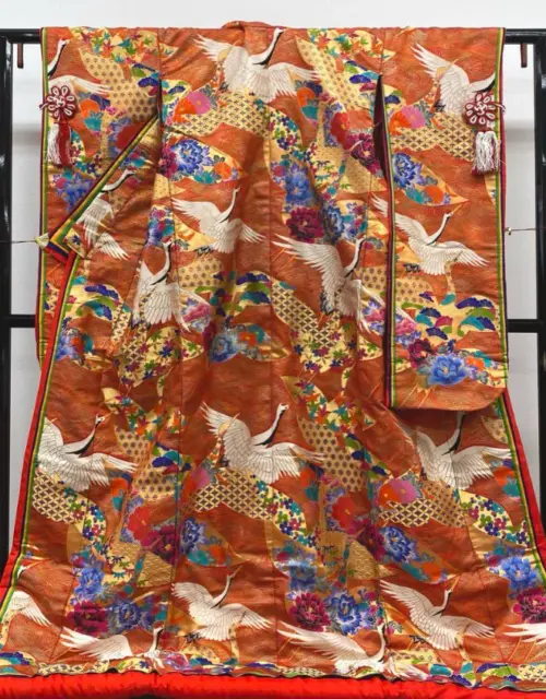 Iro-uchikake Kimono Pure Silk Crane Tsuru Orange Wedding Bridal Gorgeous Japan