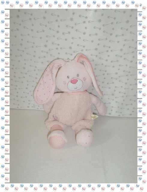 € - Doudou Peluche Lapin Rose Polaire Blanc Rayé Pois  Berlingot