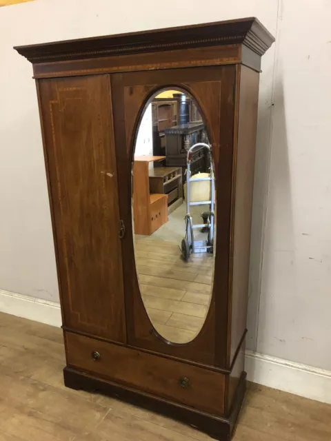 Vintage Mahogany Inlaid Mirrored Door Wardrobe With Drawer Below 3