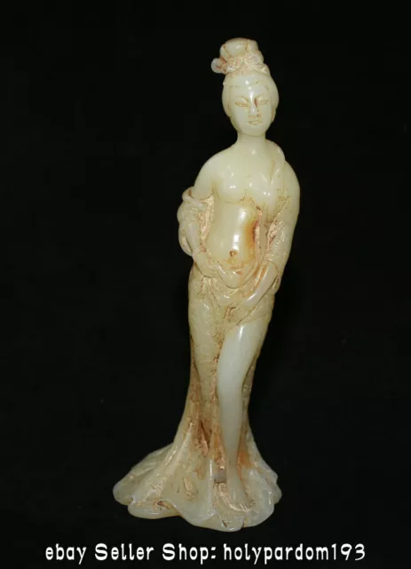 9.4" Old Chinese White Jade Carving Dynasty Palace Beauty Belle Statue Sculpture
