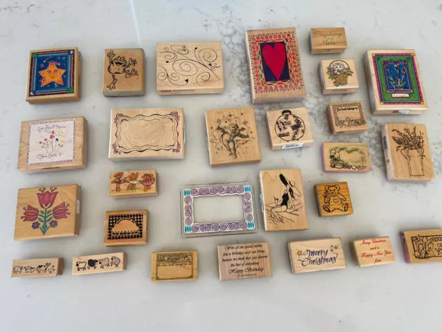 Bulk Lot 27 PCs Of Wooden Craft Card Making Stamps Assorted Sizes Inkadinkado