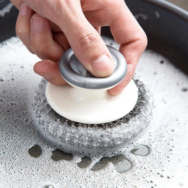 Steel Wool Scrubber Pad with Handle Kitchen Bathroom Cleaning Brush Dishe Ky