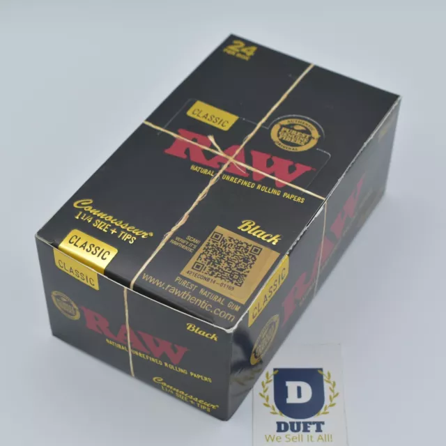 RAW Black Classic 1 1/4 1.25 Connoisseur Rolling Papers Tips 1 3 6 12 24 Box