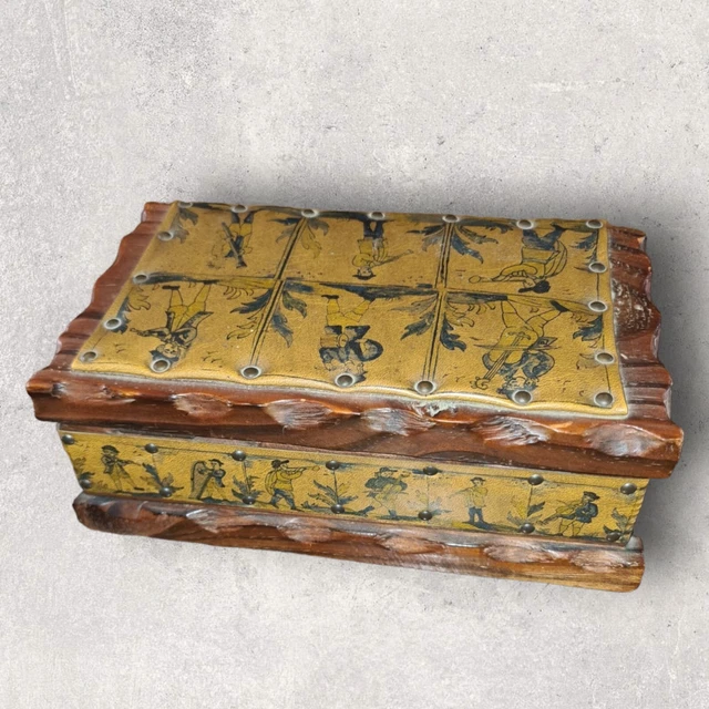 Ancienne Boîte En Bois à Bijoux - Coffret Revêtu Cuivre, Intérieur Velours Rouge - Occasion