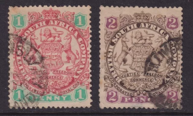 British South Africa Company Rhodesia 1896 1897 1d, 2d Arms SG29-30 Used