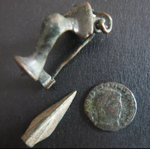 Ancient Roman Bronze Fibula +  Arrow head + Roman Coin 2