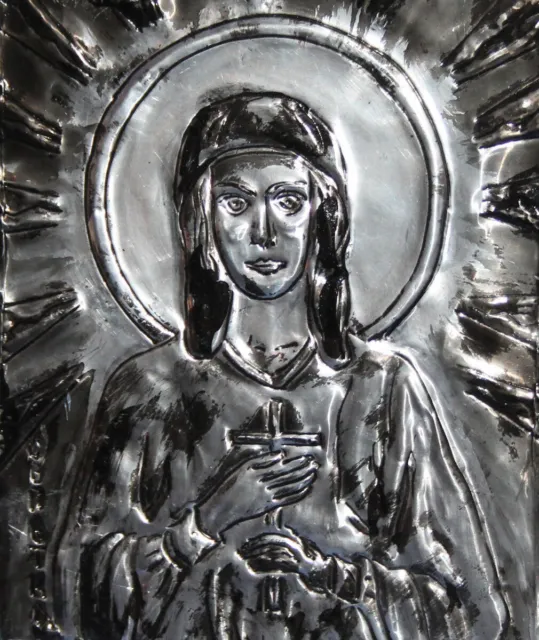 Hand Made Religious Metal/Wood Plaque of Virgin Mary