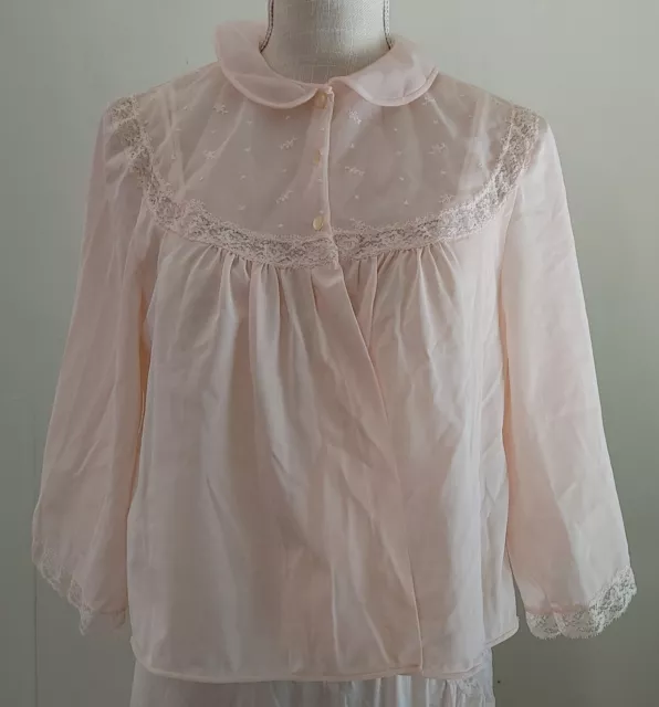 Vintage 60s Rogers Bed Jacket Nylon Short Robe Laces Soft Pink Size 36