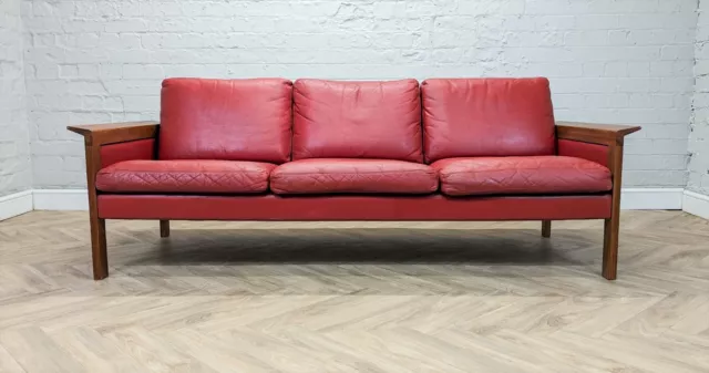 Mid-Century Vintage Swedish Red Leather & Teak 3 Seater Sofa by Gillis Lundgren