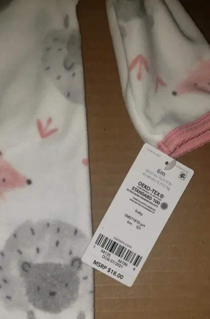 Carters Baby Girl Pink White Hedgehog Fleece Sleeper - Infant Size 6 Months -New 3