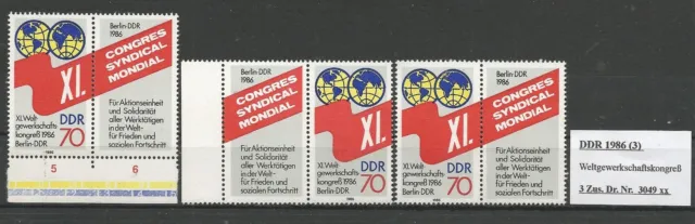 DDR 1986 : 3 Zus. Drucke Nr. 3049 xx " Weltgewerkschaftskongress " (3)