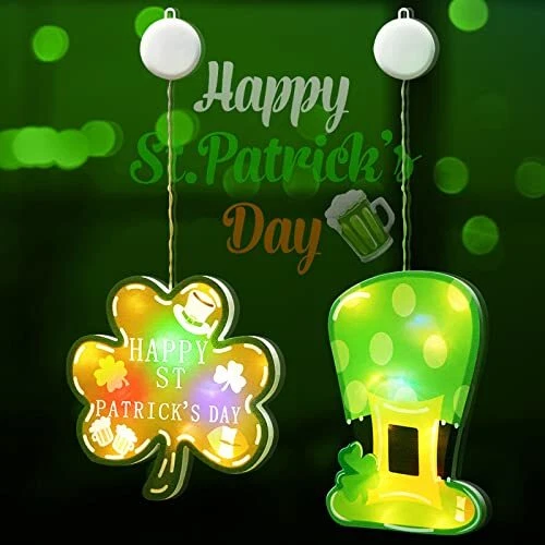 2 Pack St. Patrick's Day Decorations Window Lights with Suction Cups, Battery