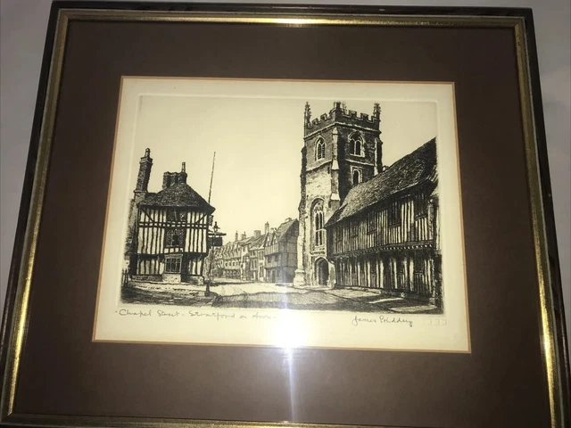 James Priddey Etching Chapel Street Stratford Avon Signed Landscape Framed