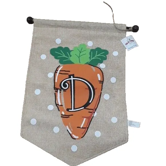 Spring Easter "D" Monogram Carrot Burlap House Flag with Pole NEW