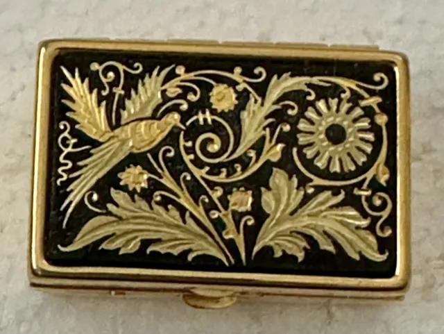 Vintage Damascene Enamel Inlay Pill Box w/Liner Bird Flower Design Small Trinket