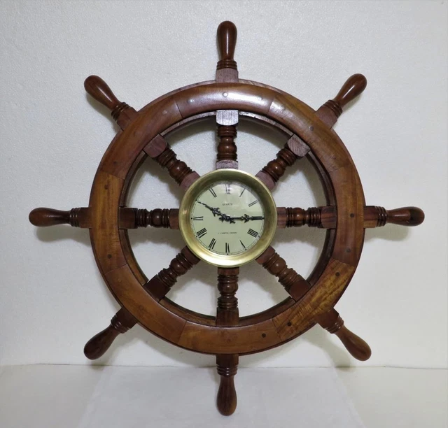 30'' Nautical Wood Ship Wheel / U.S. Maritime Commision Brass Clock PICK UP ONLY