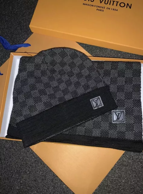 LOUIS VUITTON PETIT Damier Mütze und Schal Set Grafit Neu EUR 236