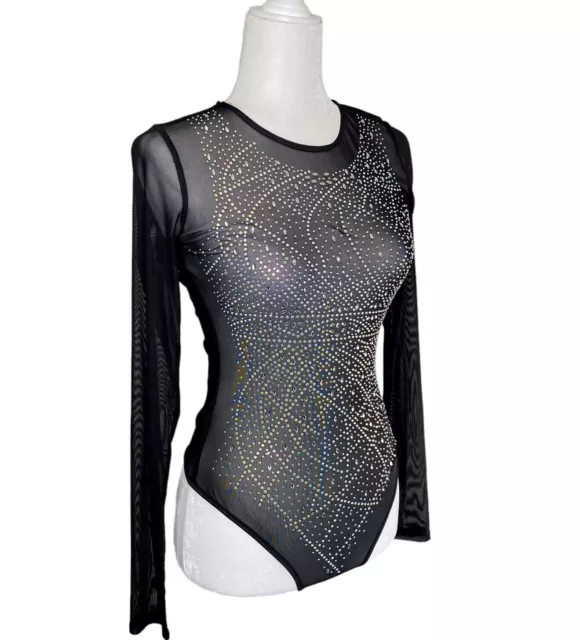 Windsor Sexy Long Sleeve Sheer Black Mesh Bodysuit Embellished W/Rhinestones Sm