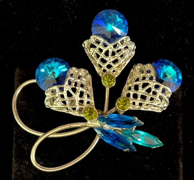 Vintage Rhinestone Brooch Pin Blue Peacock Rivoli WOW & Navettes Silver Tone JCS