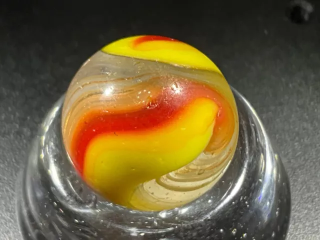 Akro Agate Popeye Corkscrew Red&Yellow 23/32”. Some Orange in the White Wisps