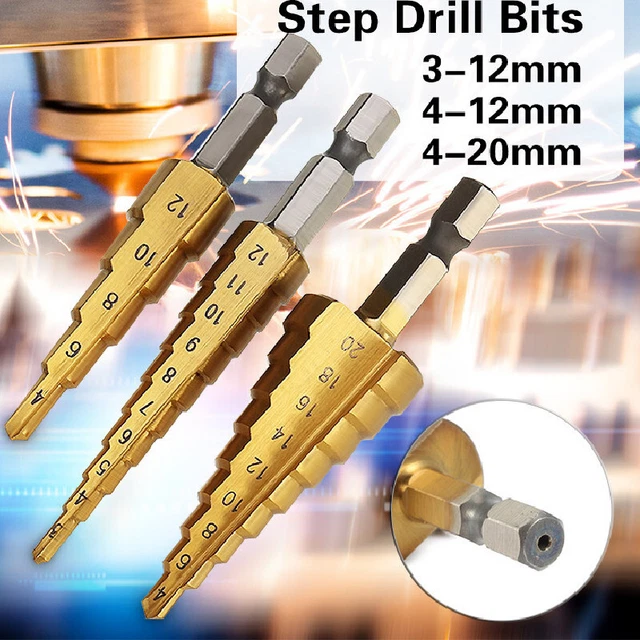 3Pcs Drill Bit Set Titanium HSS Steel Cone Step Quick Change 1/4" Shank Hole Cut
