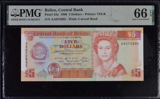 BELIZE 5 Dollars 1990 P 53 a Gem UNC PMG 66 EPQ