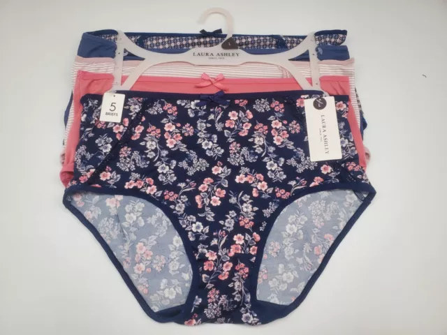 LAURA ASHLEY 5-Pack Womens L 2XL Brief Panties Navy Blue Beige Mauve Prints