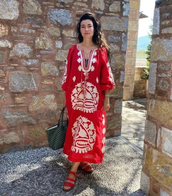 Embroidered red applique dress  - ukrainian boho chic vyshyvanka. All sizes