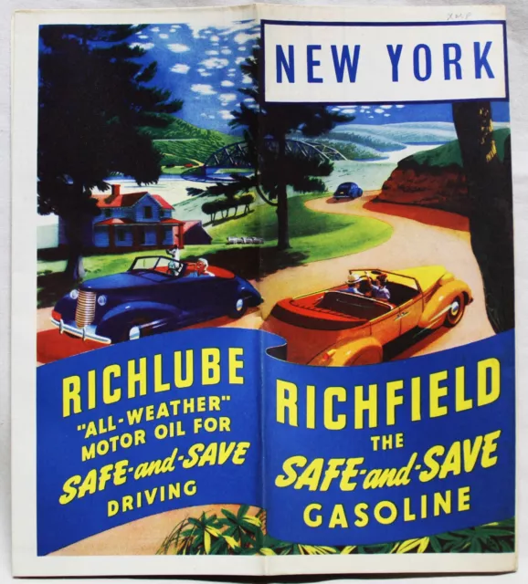 Richfield Oil Service Station Highway Road Map Of New York State 1938 Vintage