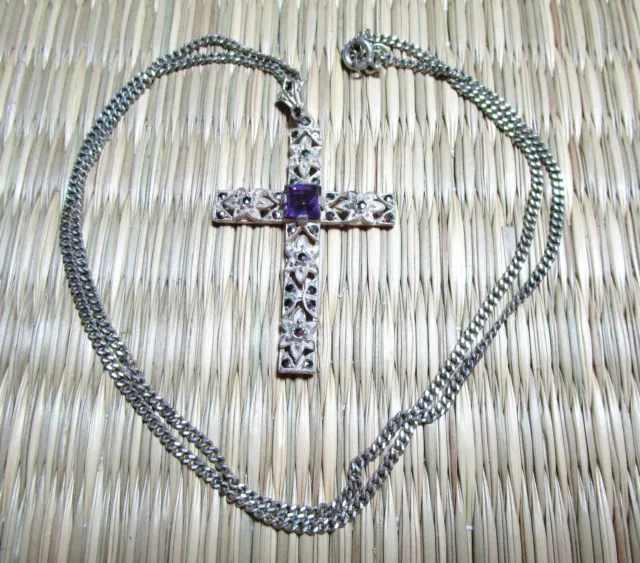 Art Deco Kette Kreuz m.Amethyst und Markasit  835er Silber