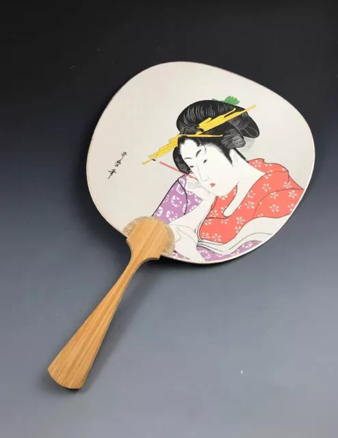 Uchiwa Style Vintage Paddle Paper Fan Court Lady w/Art Brush Bamboo Handle