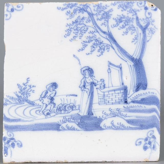 Dutch Delft Blue tile, shepherds, 18th century.