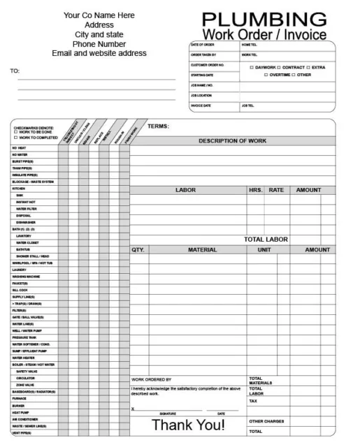 Custom 2 part Plumbing work order Personalized, your  info, 100 sets B &W 8.5x11