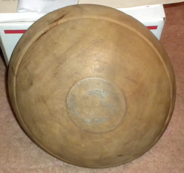 primitive 19th century wooden bowl with foot out of round 2 small cracks