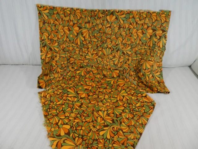 Vintage 60s 70s Orange Green Brown Psychedelic Retro Fabric Floral Scraps R1