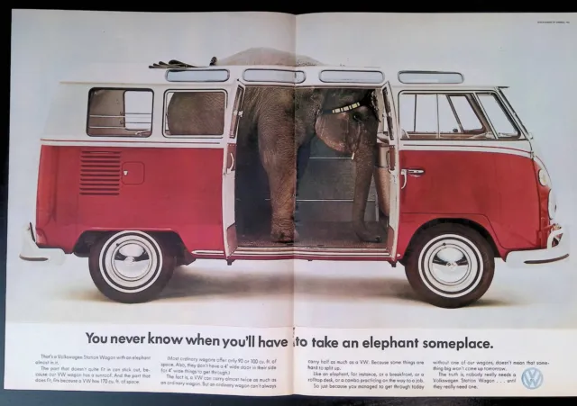 Print Ad 1960's Red White VW Station Wagon Elephant