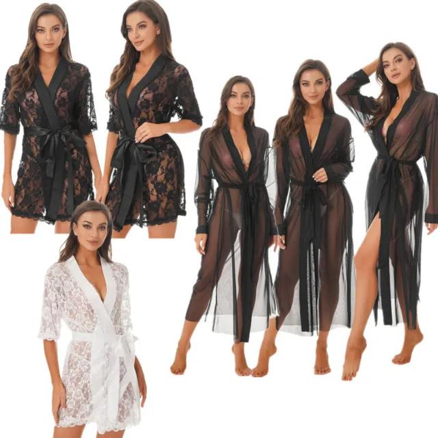 Women's Bathrobe Sexy Lingerie Lace Mesh See Through Cover Night Dress Sleepwear